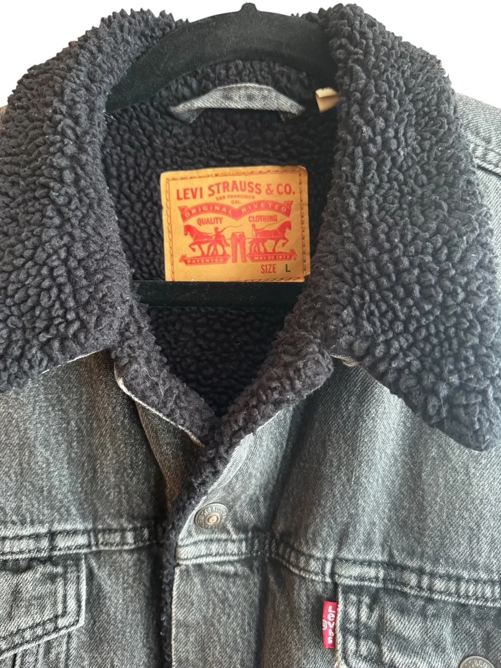 LEVIS SHERPA Jean Jacket Trucker Denim Stonewashed Cotton Black Warm Men's Large